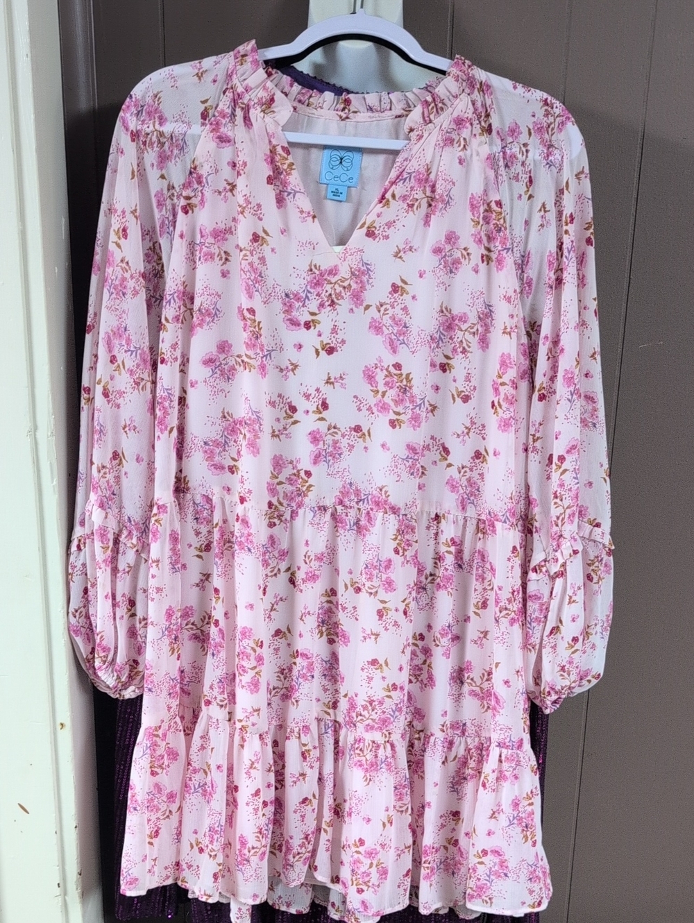 CeCe Pink Floral Tiered Long-Sleeve Dress